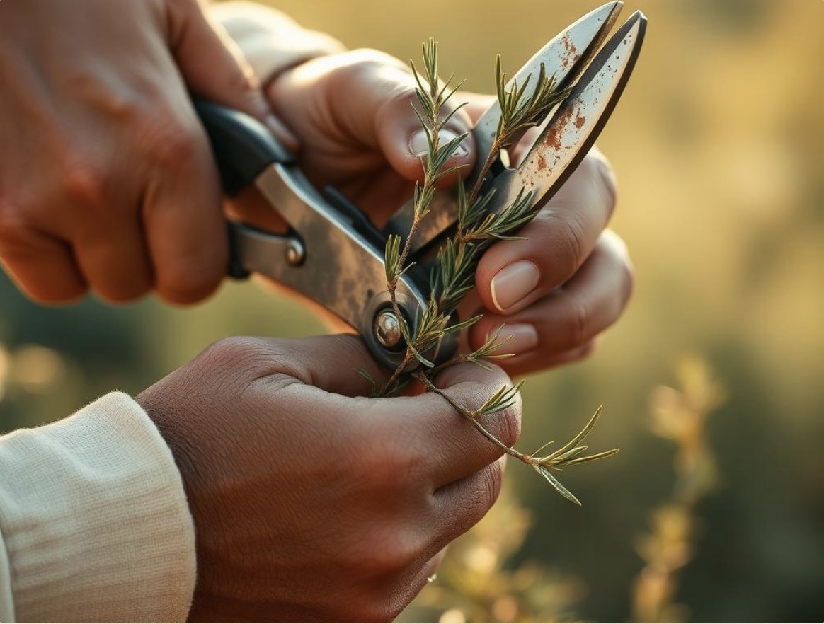 Weathered hands using pruning shears to trim a small sprig of rosemary in warm afternoon light — the practice of discernment.