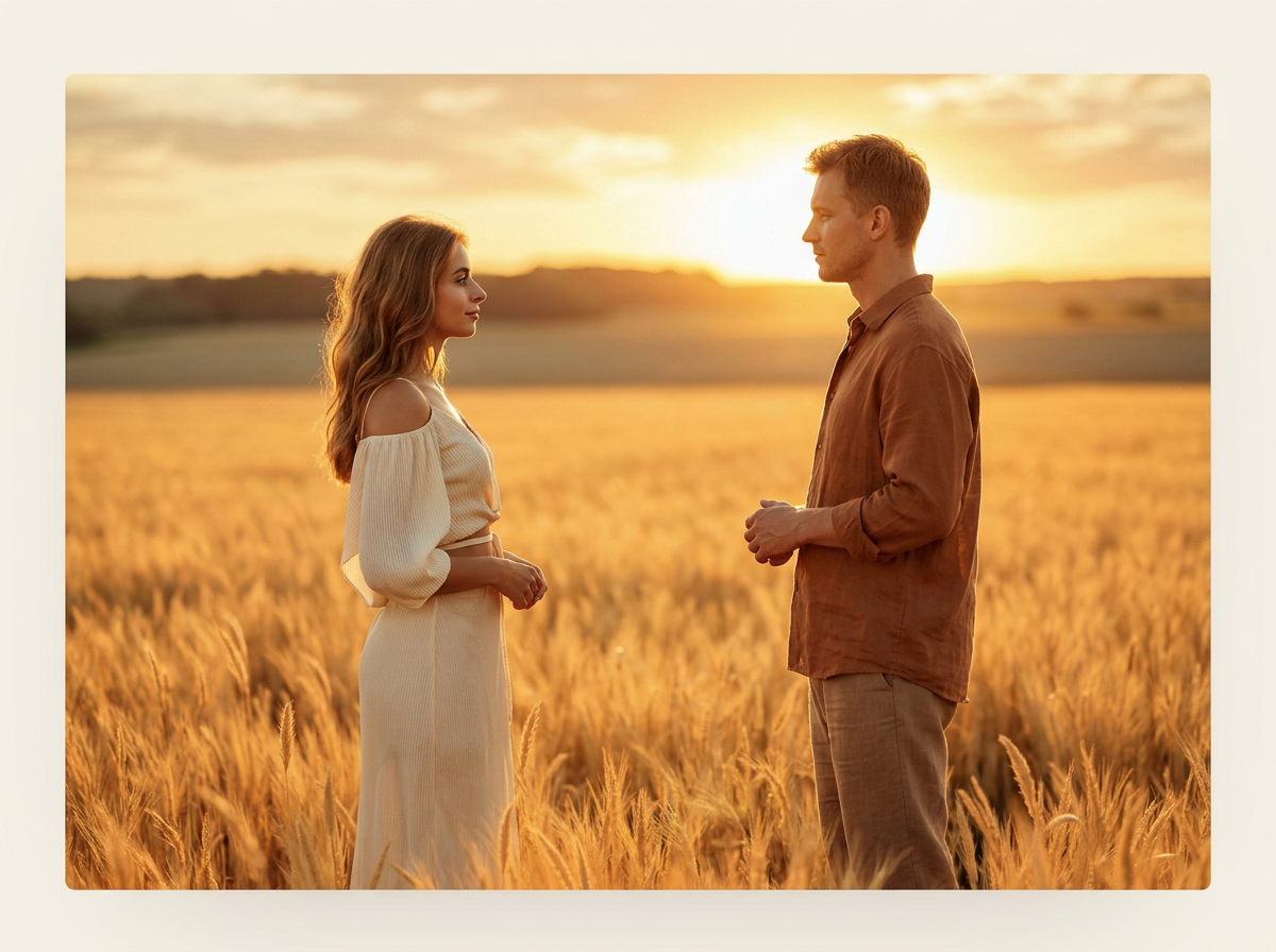 A woman and a man standing face to face in a golden wheat field at sunset, softly lit — intuition in relationship with others.