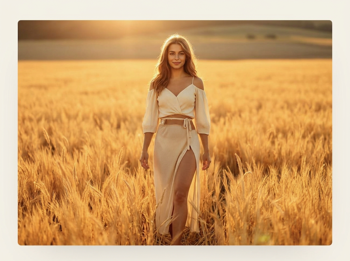 A woman in a cream dress walking forward through a sunlit wheat field, the light behind her — carrying your cultivated intuition into the world.