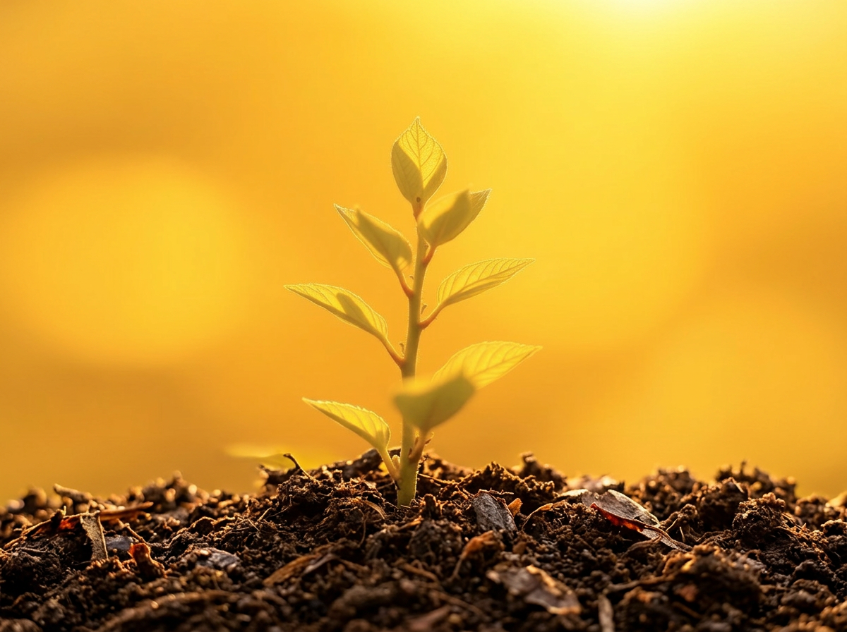 A single young green seedling rising from rich dark soil against a glowing amber background — confidence taking root.