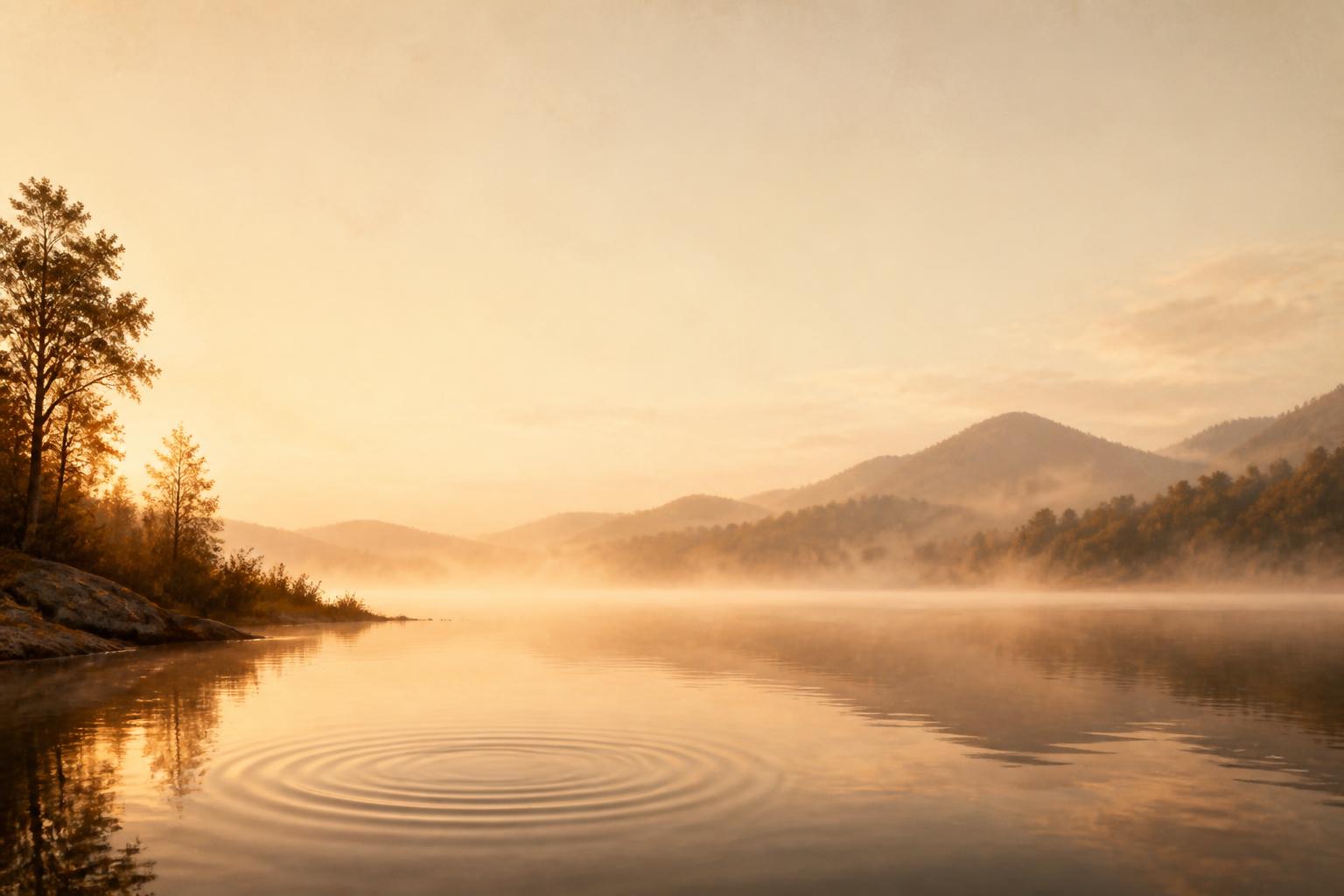 A still mountain lake at dawn with mist on the water and a single soft ripple spreading outward — clearing the noise to hear yourself.