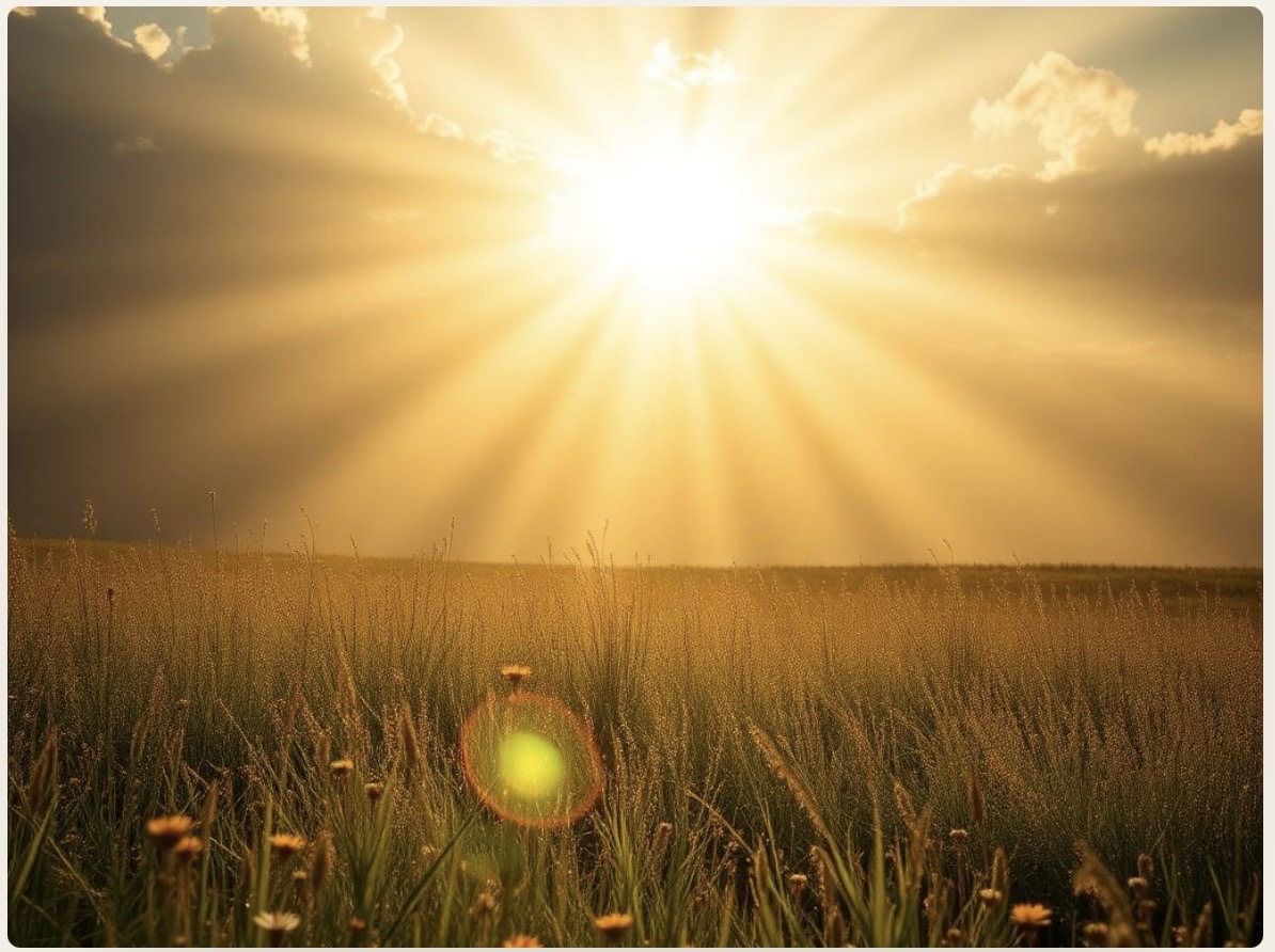 Sunrise breaking over a wildflower meadow, golden rays scattering across tall grasses — the awakening of inner wisdom.