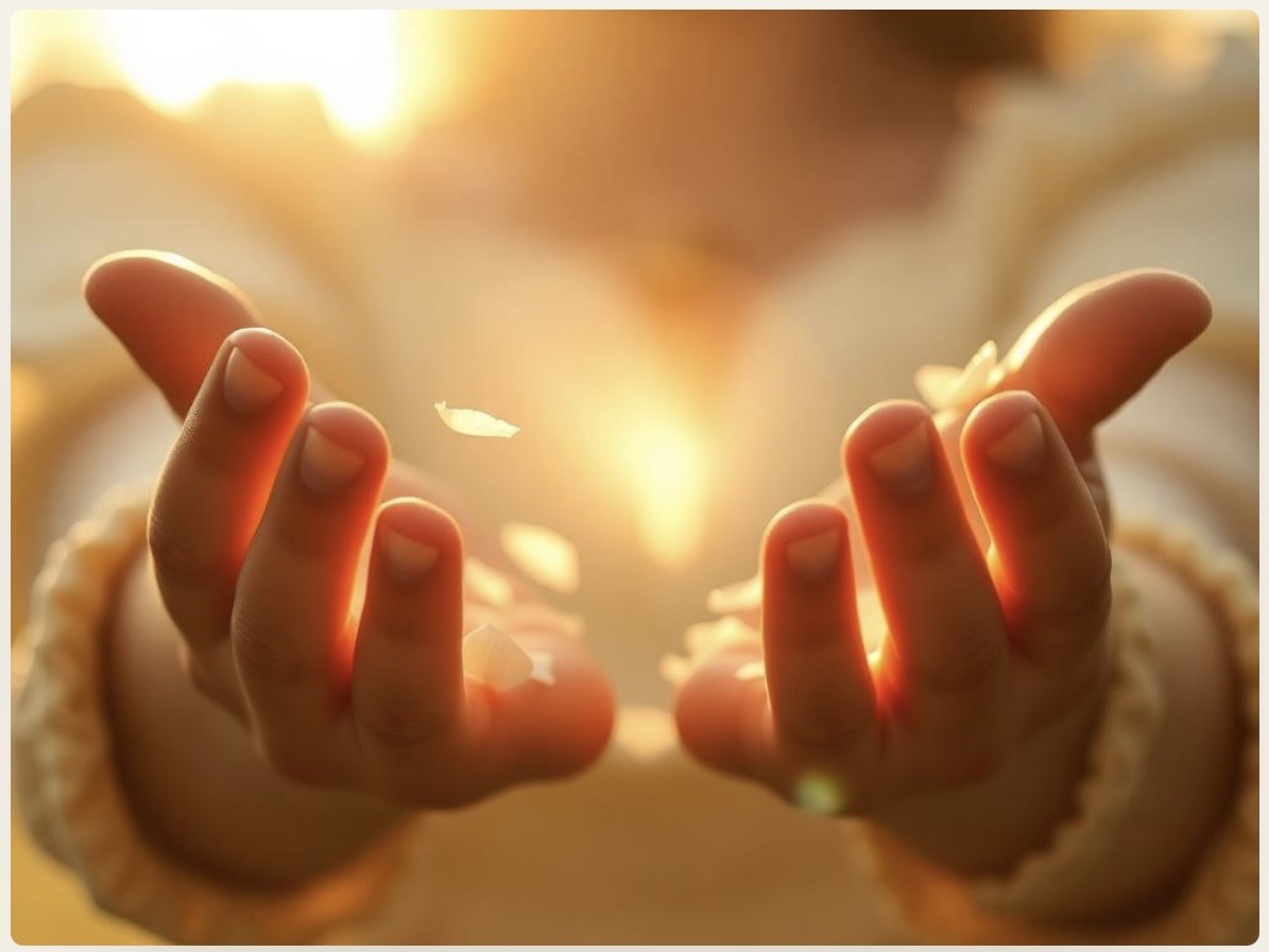 Two open, upturned hands cradling a wash of sunlight and drifting petals — releasing what no longer serves.